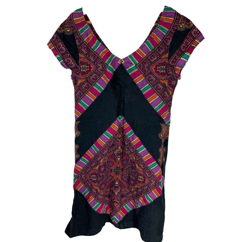 Calypso St. Barth Black Paisley V Neck Linen Mini Dress Sz M